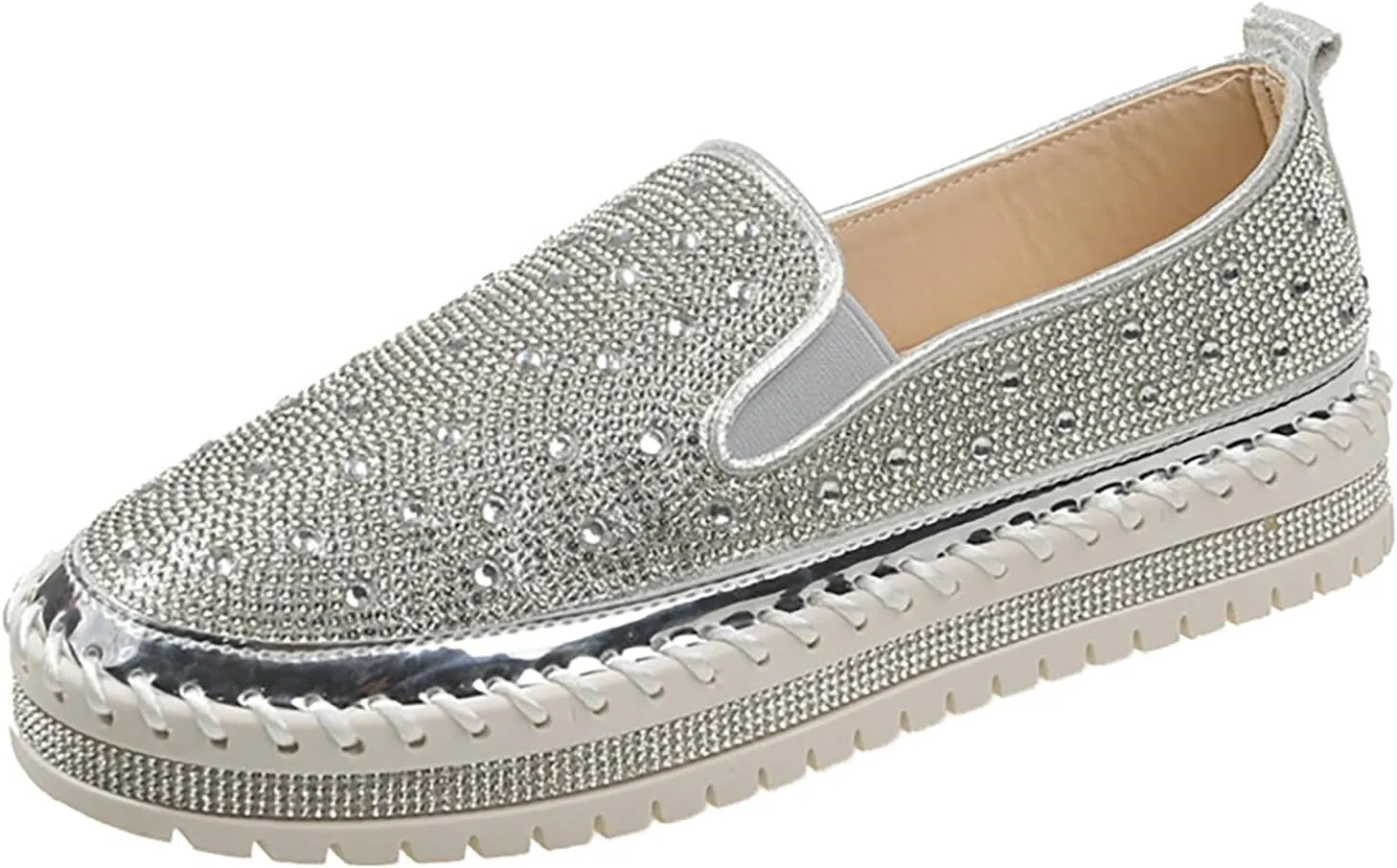 Women's Rhinestone Loafers Soft Thick Bottom Sparkly Banquet Shoes Cushioned Slip-On Ballet Flat Shoes