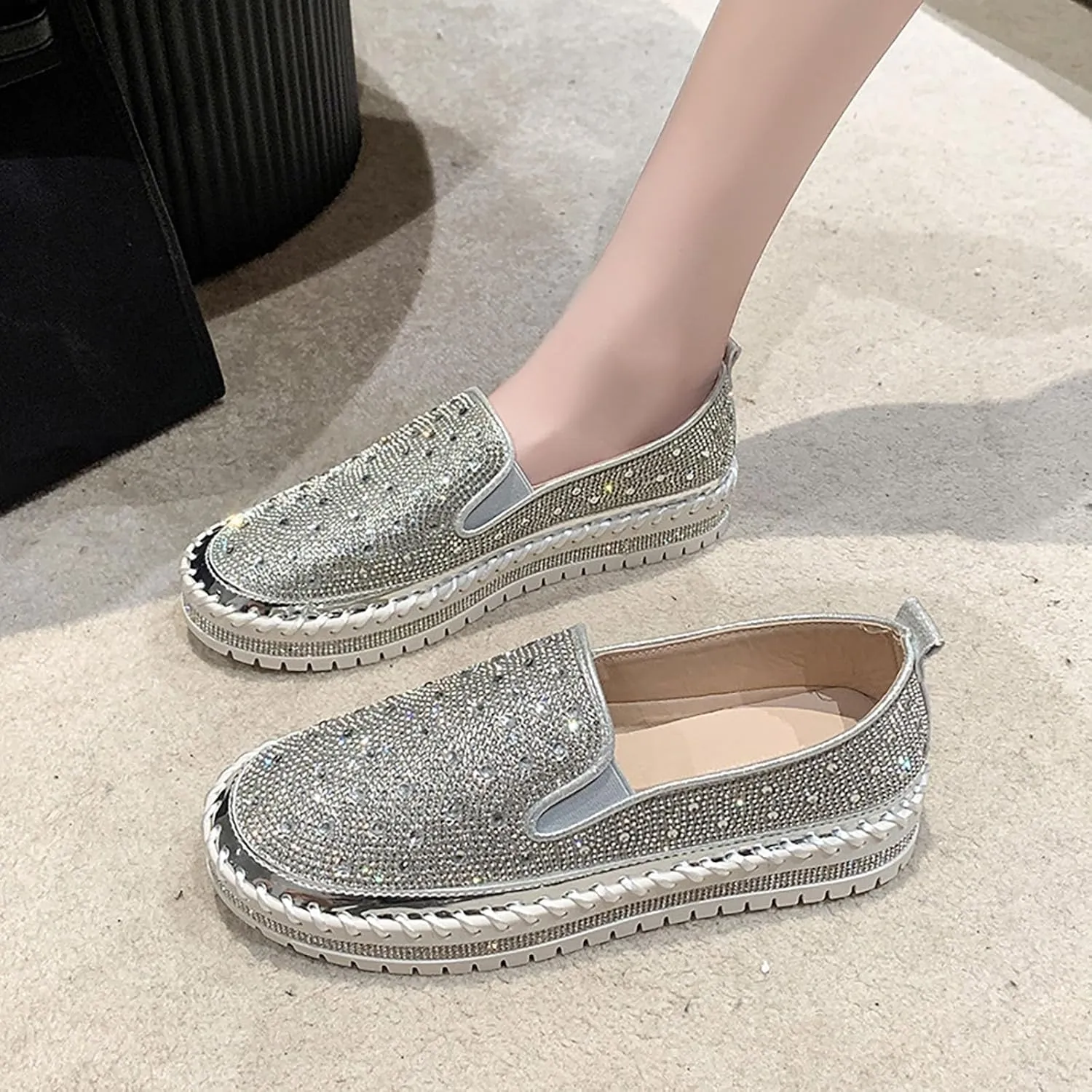 Women's Rhinestone Loafers Soft Thick Bottom Sparkly Banquet Shoes Cushioned Slip-On Ballet Flat Shoes