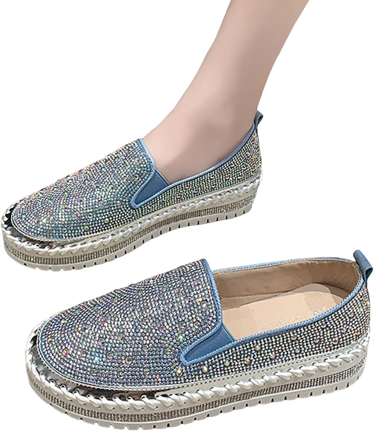 Women's Rhinestone Loafers Soft Thick Bottom Sparkly Banquet Shoes Cushioned Slip-On Ballet Flat Shoes
