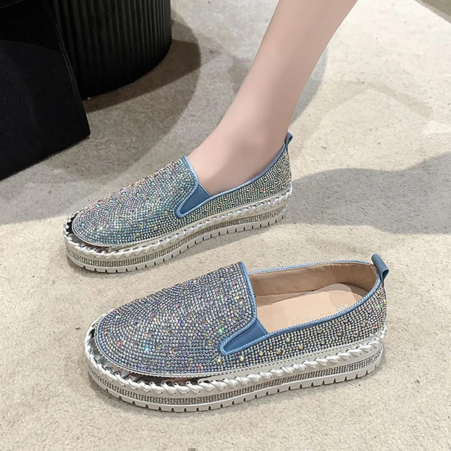 Women's Rhinestone Loafers Soft Thick Bottom Sparkly Banquet Shoes Cushioned Slip-On Ballet Flat Shoes