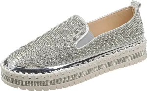Women's Rhinestone Loafers Soft Thick Bottom Sparkly Banquet Shoes Cushioned Slip-On Ballet Flat Shoes