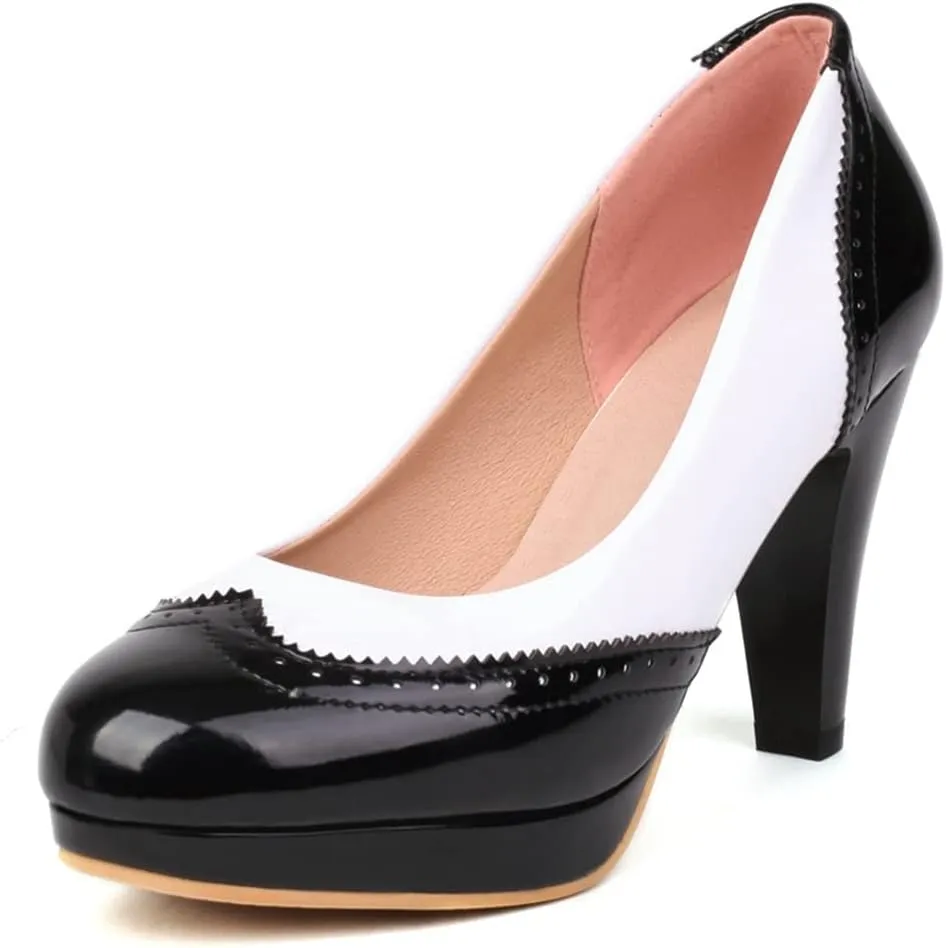 Women's Round Toe Two Toned Slip On Dress Pumps Patent Leather Platform High Heel Oxford Pump Shoes