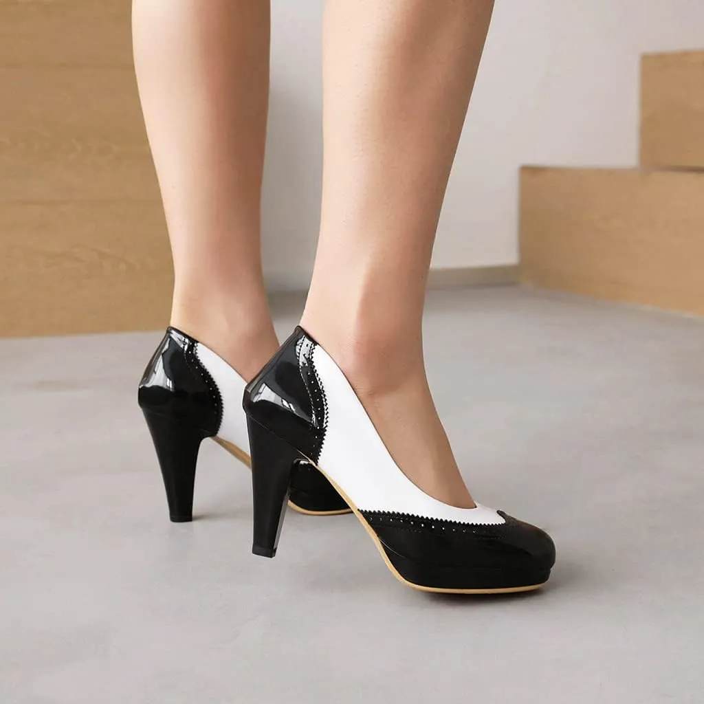 Women's Round Toe Two Toned Slip On Dress Pumps Patent Leather Platform High Heel Oxford Pump Shoes