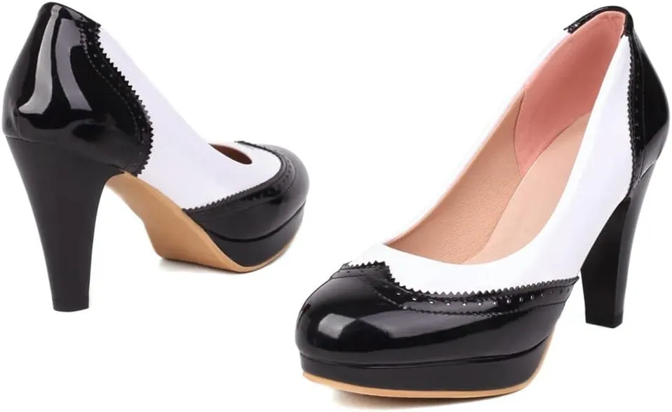 Women's Round Toe Two Toned Slip On Dress Pumps Patent Leather Platform High Heel Oxford Pump Shoes