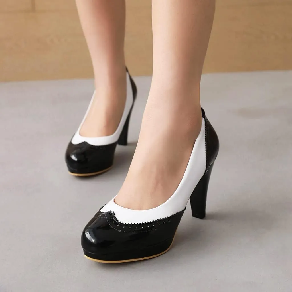 Women's Round Toe Two Toned Slip On Dress Pumps Patent Leather Platform High Heel Oxford Pump Shoes