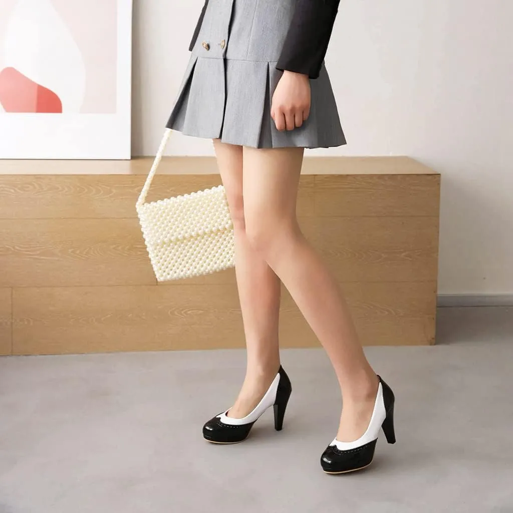 Women's Round Toe Two Toned Slip On Dress Pumps Patent Leather Platform High Heel Oxford Pump Shoes