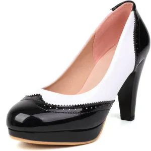 Women's Round Toe Two Toned Slip On Dress Pumps Patent Leather Platform High Heel Oxford Pump Shoes