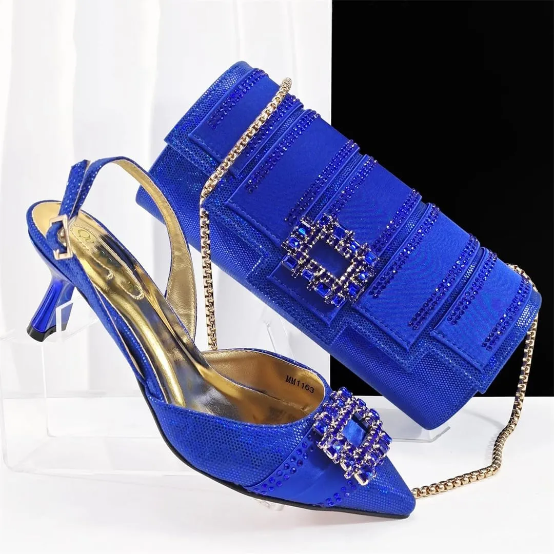 Women’S Royal Blue Pointed Toe High Heels and Matching Bag Set with Rhinestone Decorations for Wedding