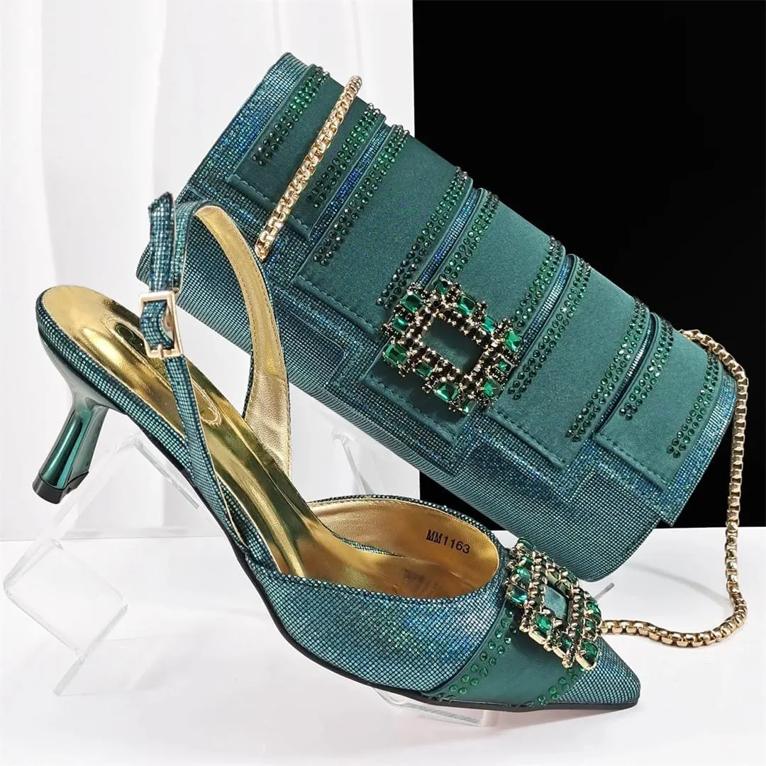 Women’S Royal Blue Pointed Toe High Heels and Matching Bag Set with Rhinestone Decorations for Wedding