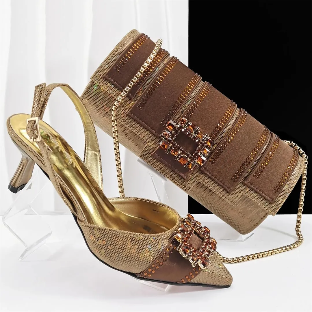 Women’S Royal Blue Pointed Toe High Heels and Matching Bag Set with Rhinestone Decorations for Wedding
