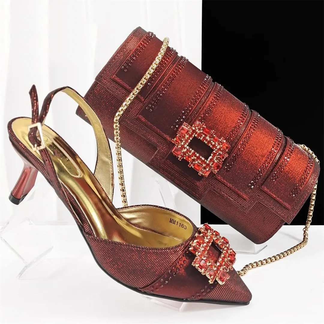 Women’S Royal Blue Pointed Toe High Heels and Matching Bag Set with Rhinestone Decorations for Wedding