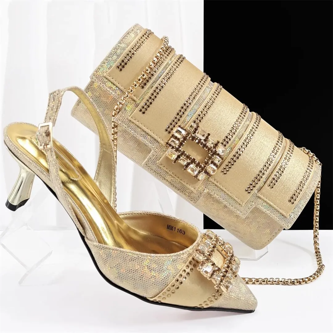 Women’S Royal Blue Pointed Toe High Heels and Matching Bag Set with Rhinestone Decorations for Wedding