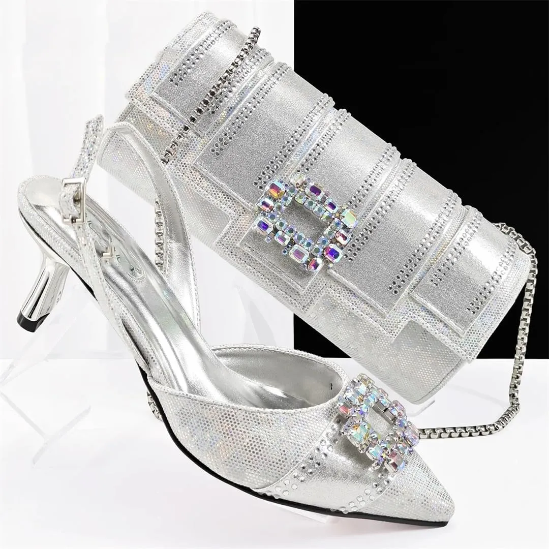 Women’S Royal Blue Pointed Toe High Heels and Matching Bag Set with Rhinestone Decorations for Wedding