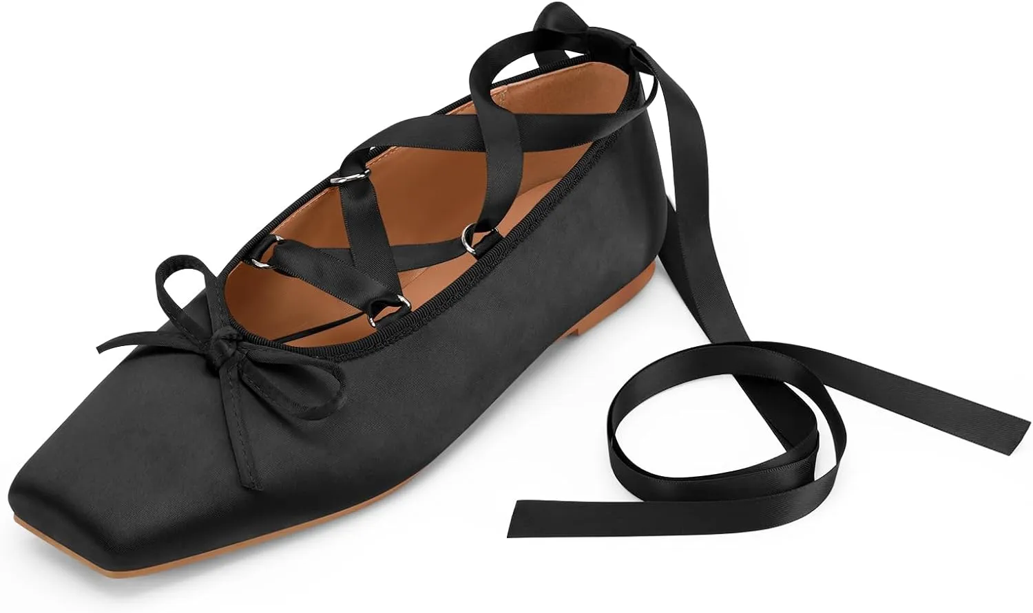 Women's Satin Ballet Flats Light Pink Closed Square Toe Bow Ballerina Slippers Comfy Lace Up Flat Shoes Strappy Mary Janes Cute Elegant Pumps for Ladies Dressy