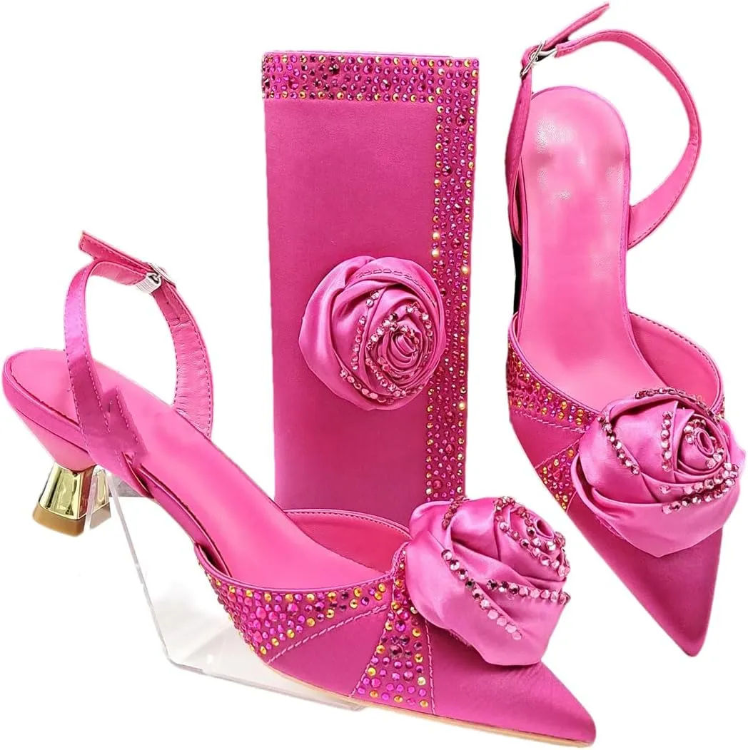 Women’S Satin Pointed Toe Heels and Matching Bag Set with Floral Decorations for Fashionable Party Outfits