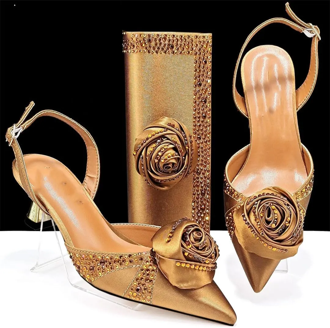 Women’S Satin Pointed Toe Heels and Matching Bag Set with Floral Decorations for Fashionable Party Outfits