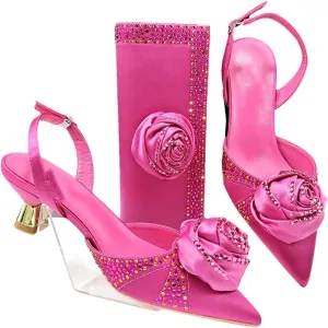 Women’S Satin Pointed Toe Heels and Matching Bag Set with Floral Decorations for Fashionable Party Outfits