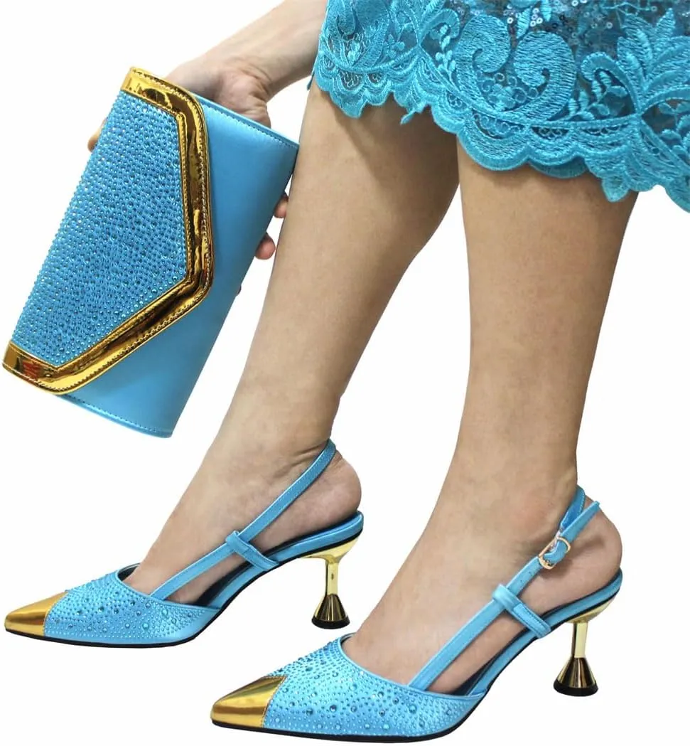Women's Sexy Style Super High Heel Pointed Toe Pump and Bag Set with Crystal Detail for Party