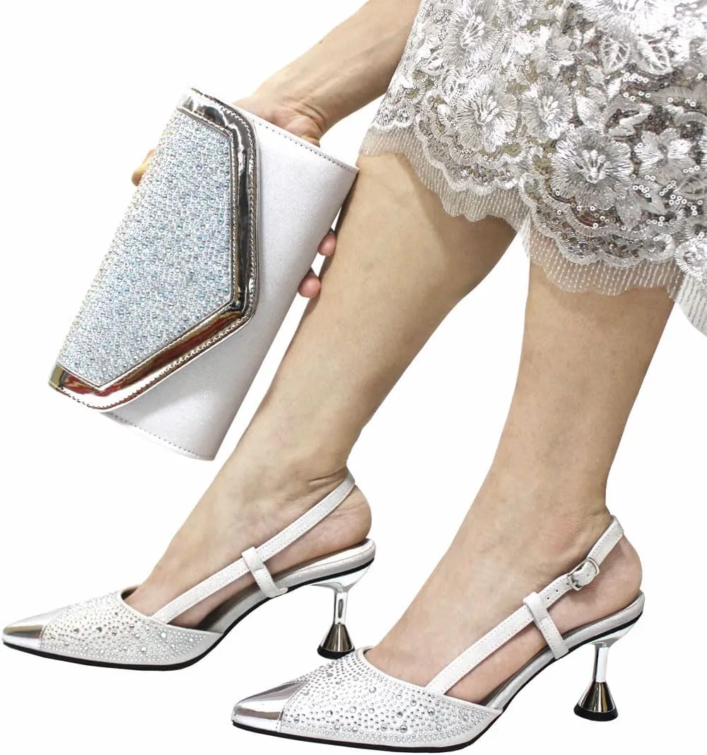 Women's Sexy Style Super High Heel Pointed Toe Pump and Bag Set with Crystal Detail for Party