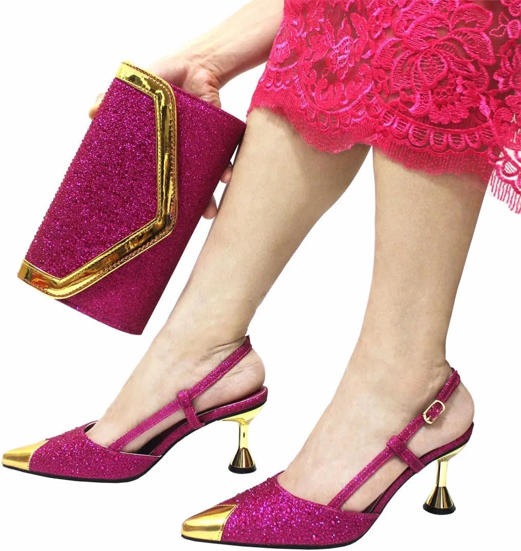 Women's Sexy Style Super High Heel Pointed Toe Pump and Bag Set with Crystal Detail for Party