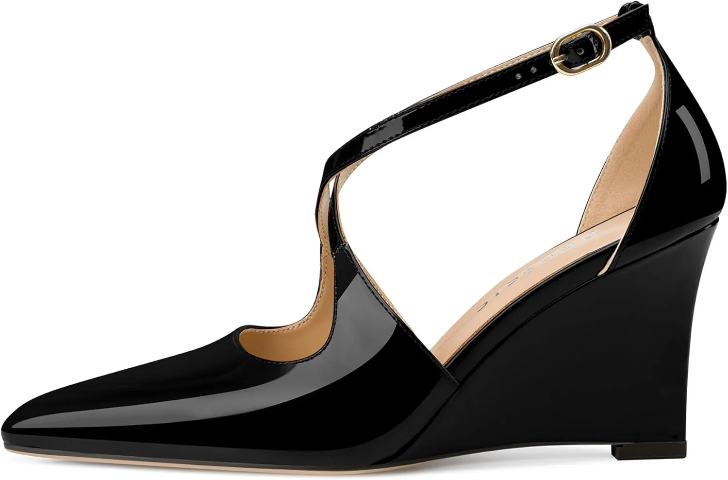 Women's Sexy Wedge Heels Pointed Close Toed Patent Leather Pumps Cross Strappy Wedges Pointy Pump Ankle Strap Buckle Comfortable Wedding Dressy Shoes