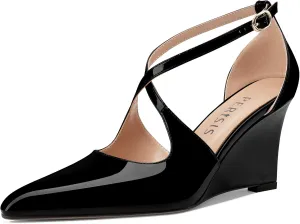 Women's Sexy Wedge Heels Pointed Close Toed Patent Leather Pumps Cross Strappy Wedges Pointy Pump Ankle Strap Buckle Comfortable Wedding Dressy Shoes