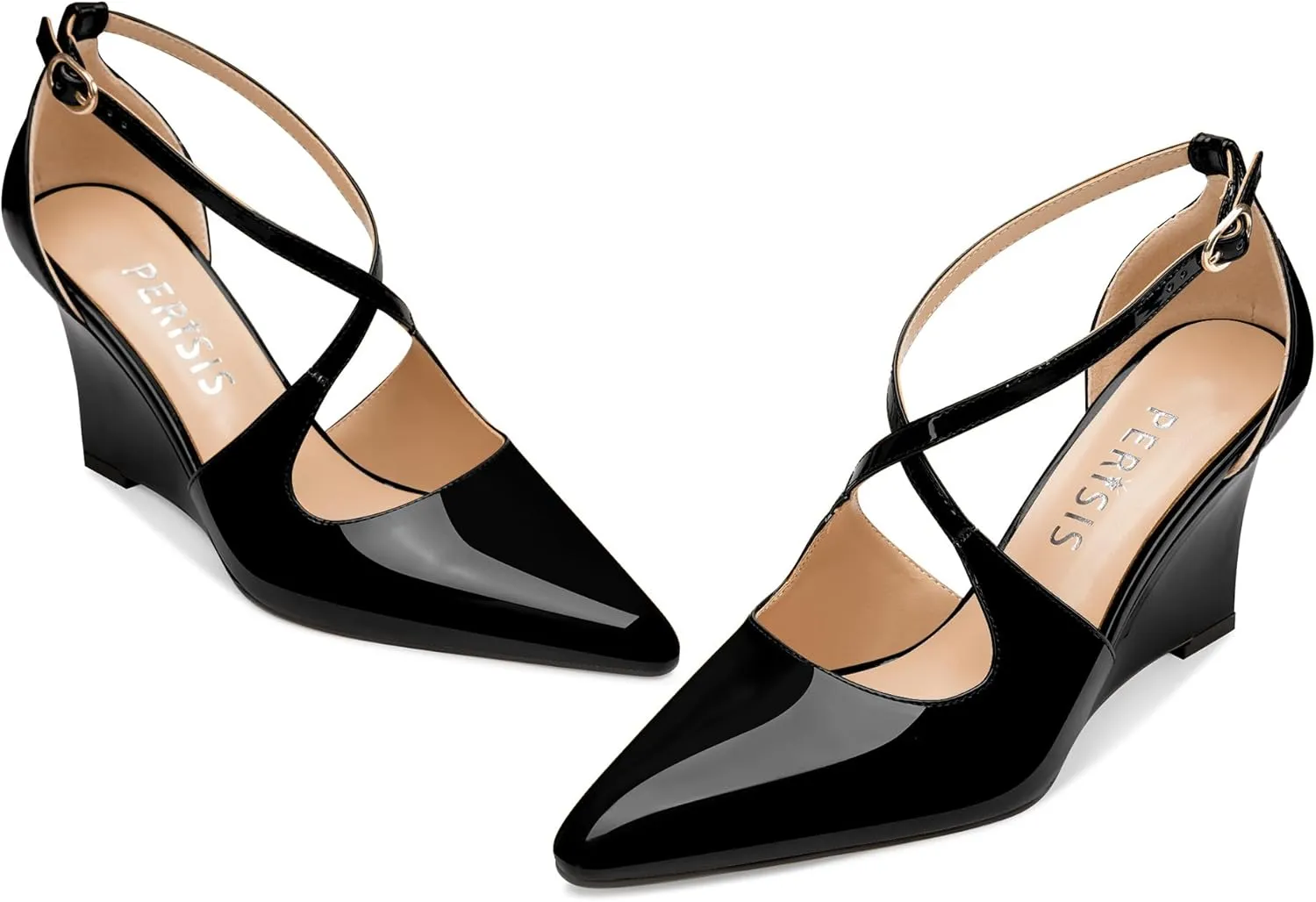 Women's Sexy Wedge Heels Pointed Close Toed Patent Leather Pumps Cross Strappy Wedges Pointy Pump Ankle Strap Buckle Comfortable Wedding Dressy Shoes