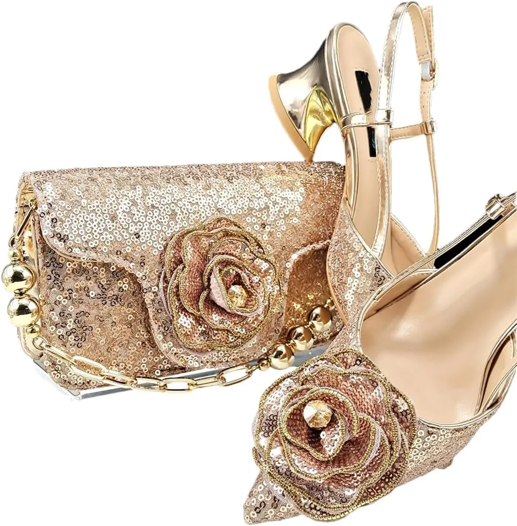 Women’S Shiny Gold Heels and Elegant Handbag Set with Rhinestone and Metal Decorations for Wedding Parties