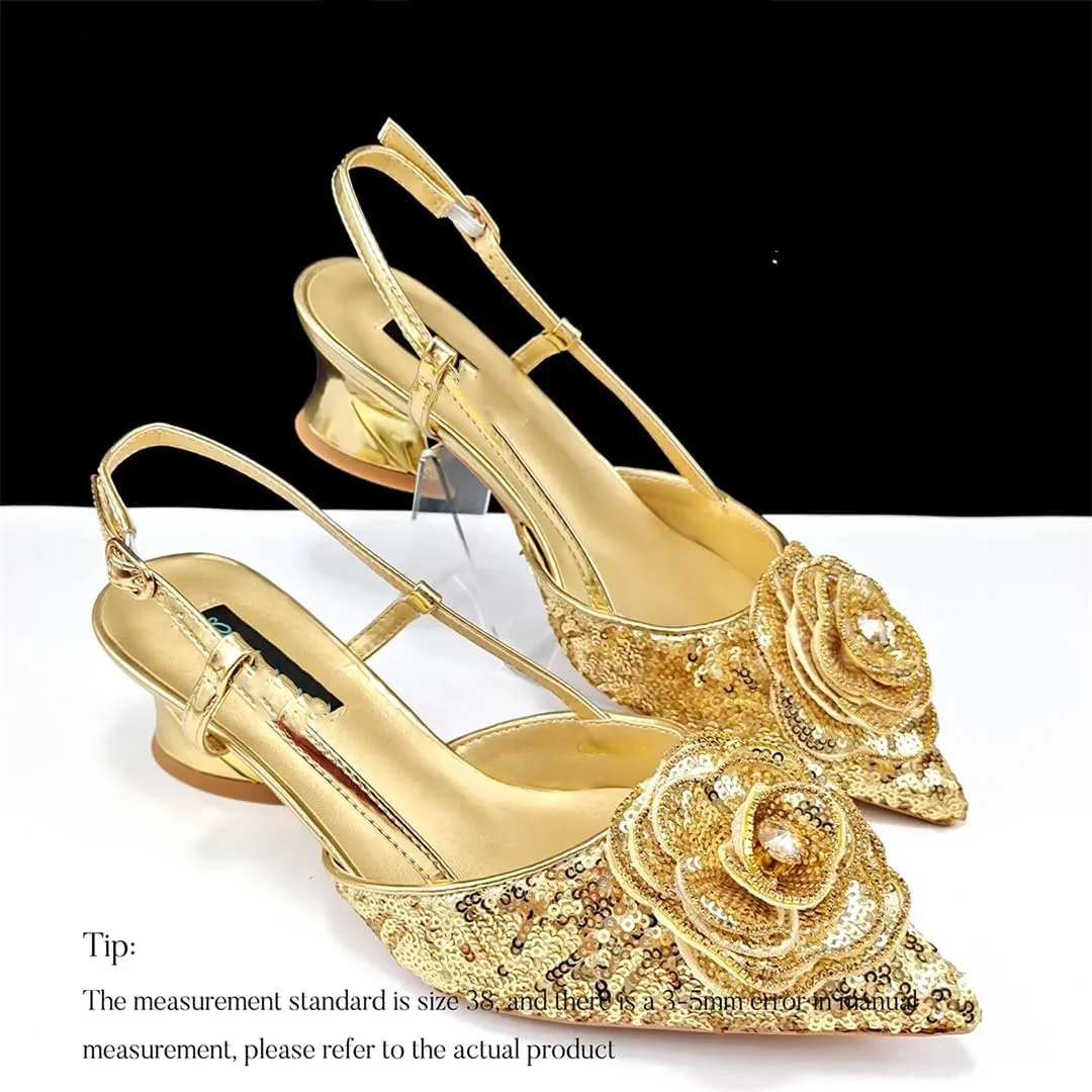 Women’S Shiny Gold Heels and Elegant Handbag Set with Rhinestone and Metal Decorations for Wedding Parties