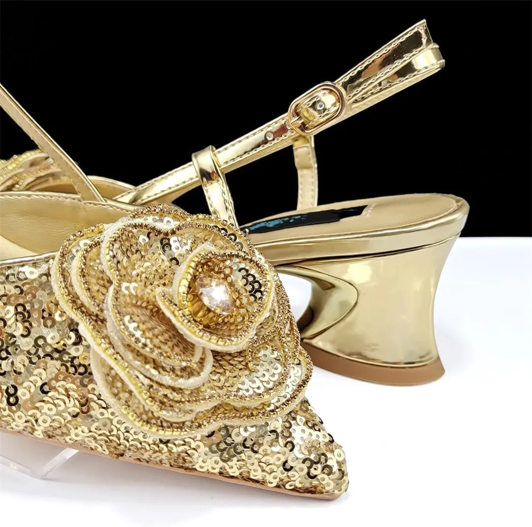 Women’S Shiny Gold Heels and Elegant Handbag Set with Rhinestone and Metal Decorations for Wedding Parties