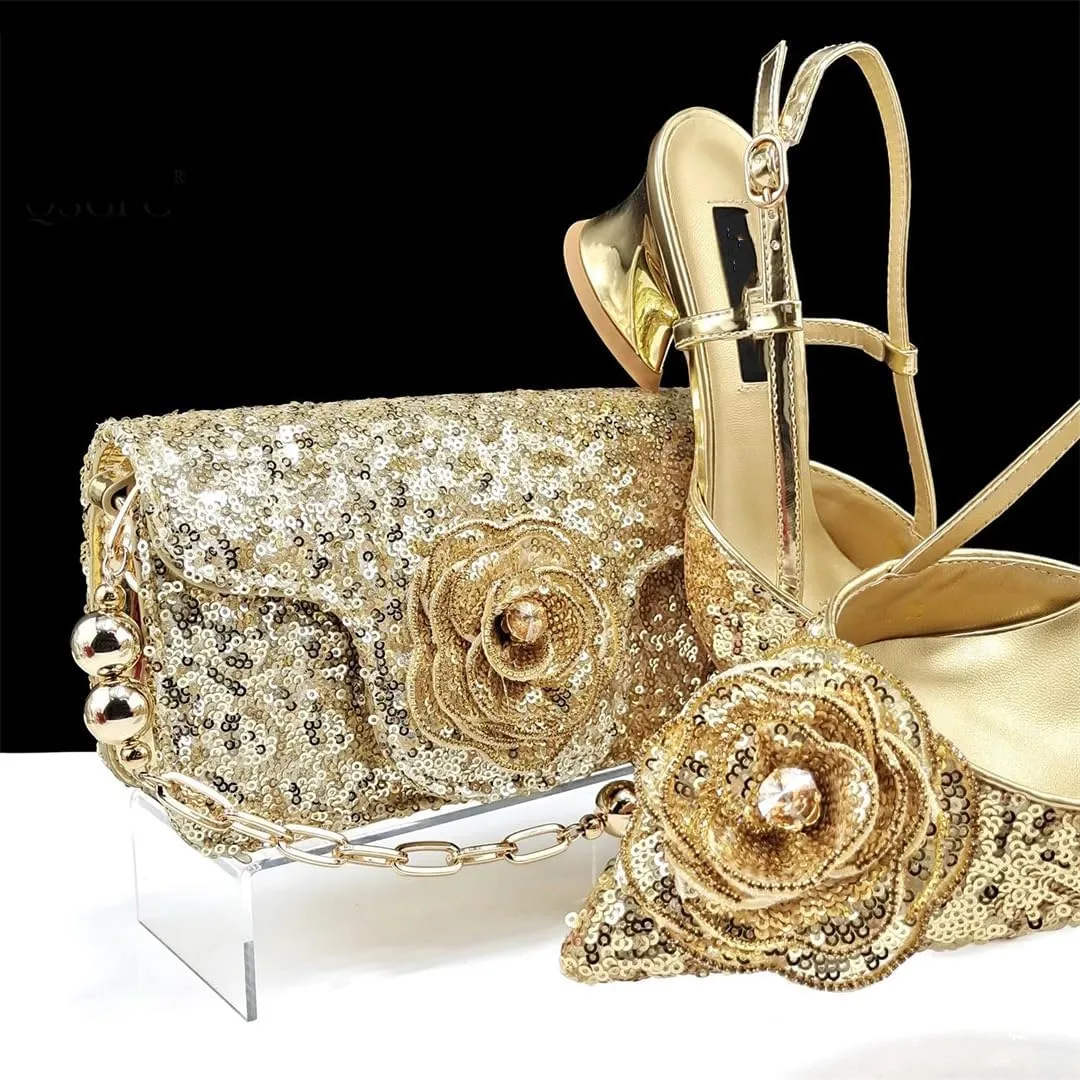 Women’S Shiny Gold Heels and Elegant Handbag Set with Rhinestone and Metal Decorations for Wedding Parties