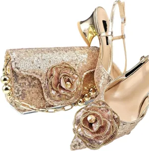 Women’S Shiny Gold Heels and Elegant Handbag Set with Rhinestone and Metal Decorations for Wedding Parties