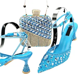 Women’S Shiny Purple Lace Pumps and Elegant Bag Set with Rhinestone Decoration for Party Comfortable Ankle Strap Heels