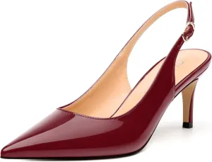 Women's Slingback Pumps, Pointed Toe Buckle Mid Stiletto Heel, Fashion Solid Patent High Heel Shoes for Women
