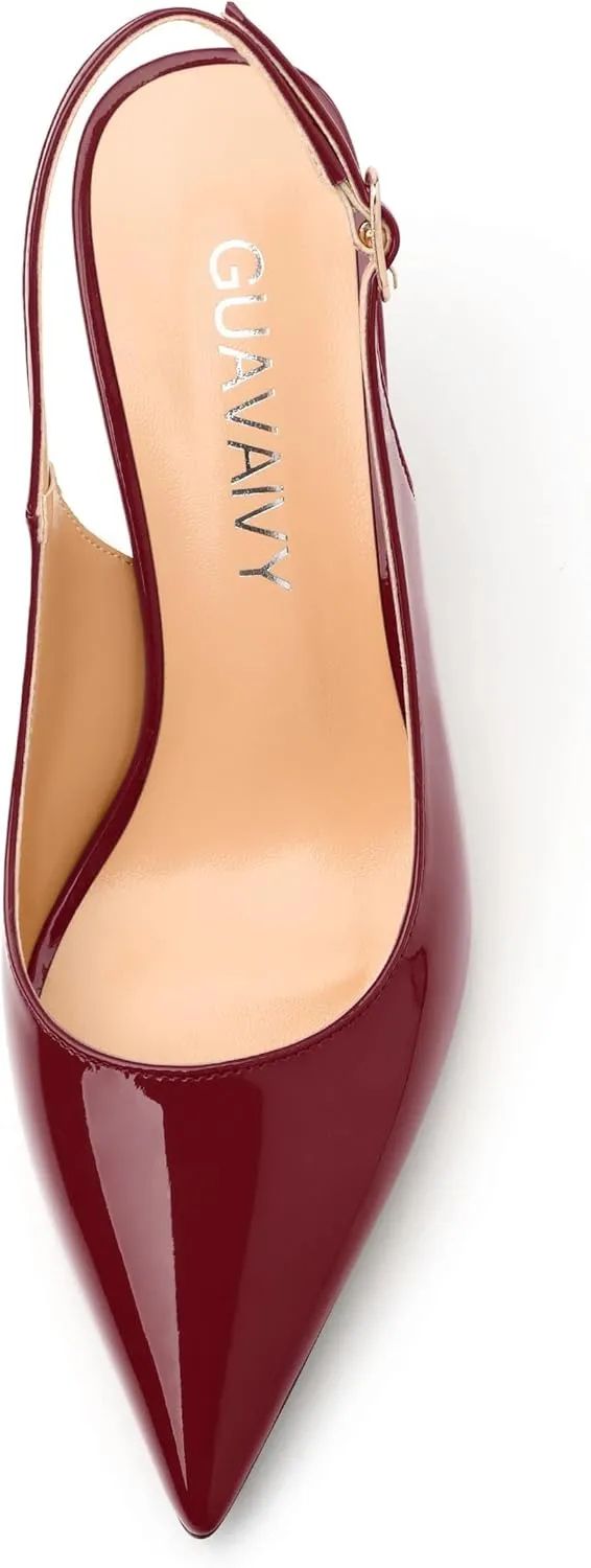 Women's Slingback Pumps, Pointed Toe Buckle Mid Stiletto Heel, Fashion Solid Patent High Heel Shoes for Women