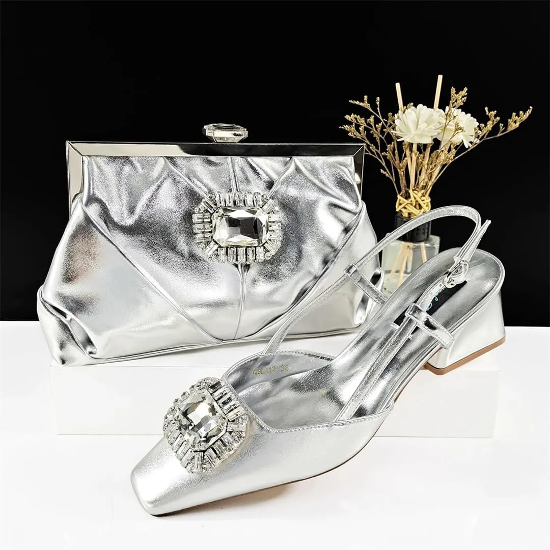 Women’S Sophisticated Italian Shoe and Bag Set with Charm Decorations PU Soft Leather Pumps Peep Toe for Evening Party