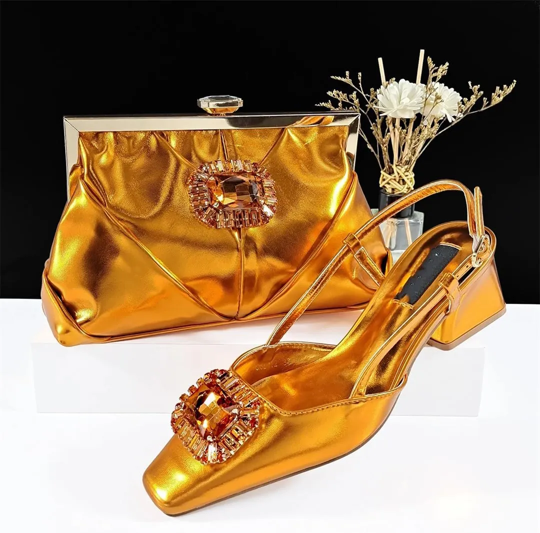 Women’S Sophisticated Italian Shoe and Bag Set with Charm Decorations PU Soft Leather Pumps Peep Toe for Evening Party