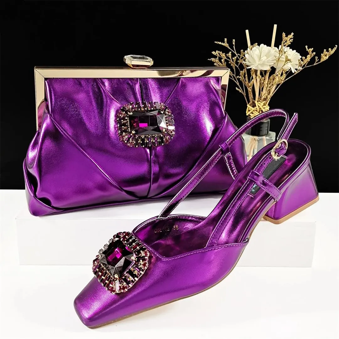 Women’S Sophisticated Italian Shoe and Bag Set with Charm Decorations PU Soft Leather Pumps Peep Toe for Evening Party