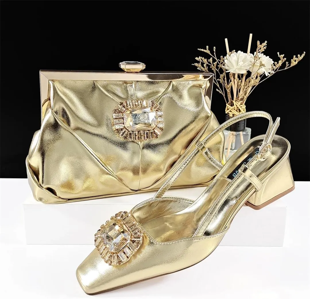 Women’S Sophisticated Italian Shoe and Bag Set with Charm Decorations PU Soft Leather Pumps Peep Toe for Evening Party