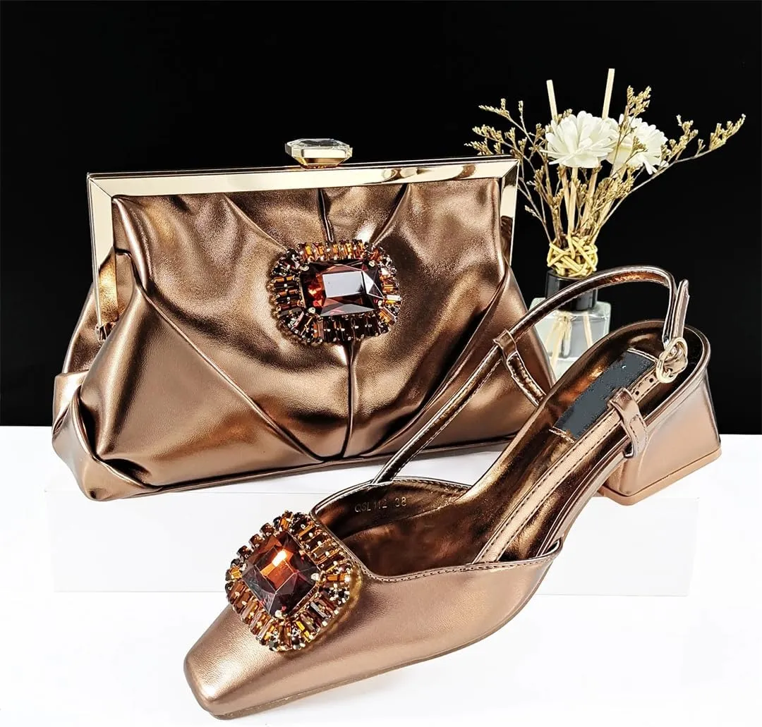 Women’S Sophisticated Italian Shoe and Bag Set with Charm Decorations PU Soft Leather Pumps Peep Toe for Evening Party