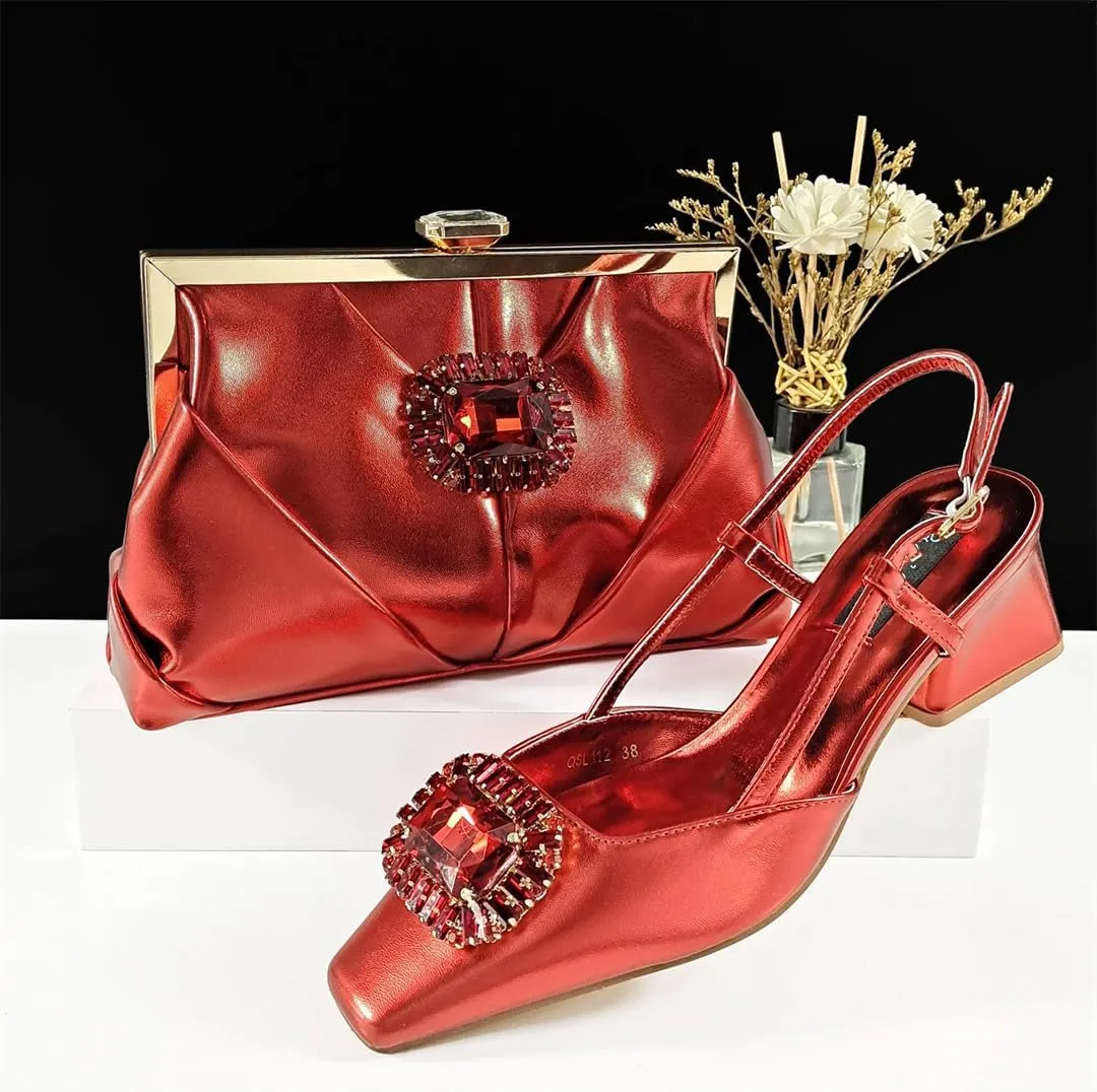 Women’S Sophisticated Italian Shoe and Bag Set with Charm Decorations PU Soft Leather Pumps Peep Toe for Evening Party