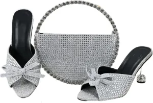 Women’S Special Design Shinning Crystal Party Shoes and Evening Bag Set High Heel Slip-On Peep Toe Slingbacks
