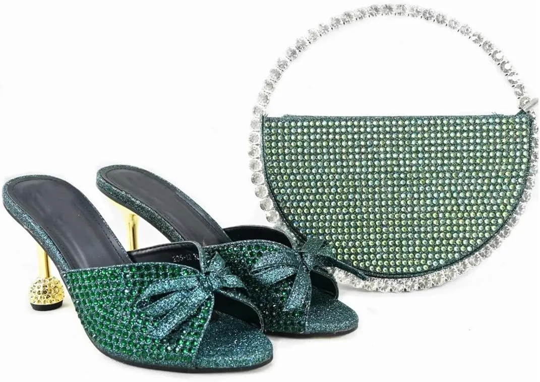 Women’S Special Design Shinning Crystal Party Shoes and Evening Bag Set High Heel Slip-On Peep Toe Slingbacks