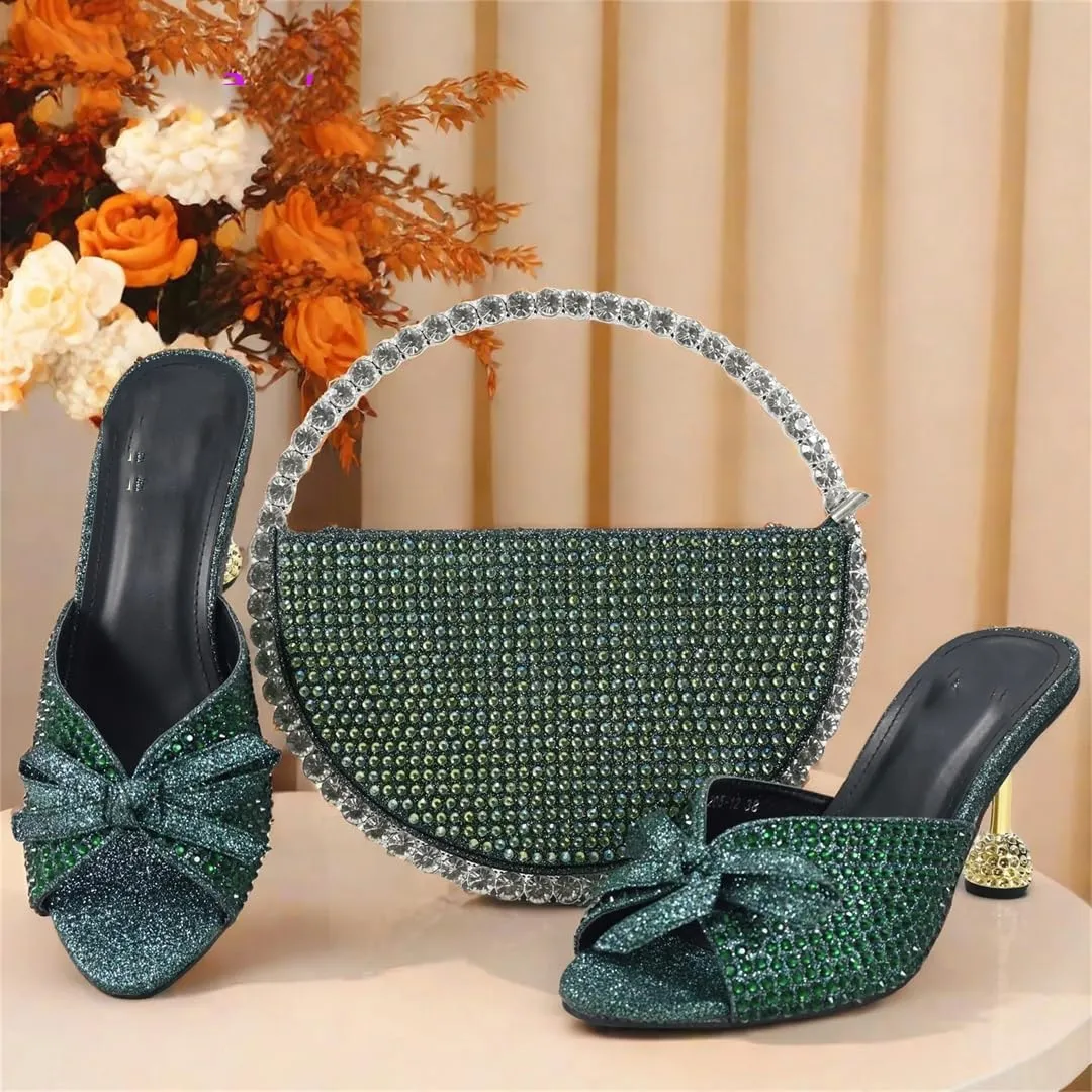 Women’S Special Design Shinning Crystal Party Shoes and Evening Bag Set High Heel Slip-On Peep Toe Slingbacks