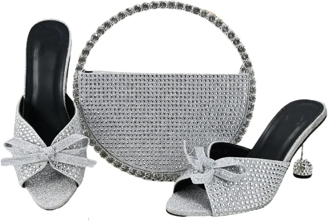 Women’S Special Design Shinning Crystal Party Shoes and Evening Bag Set High Heel Slip-On Peep Toe Slingbacks