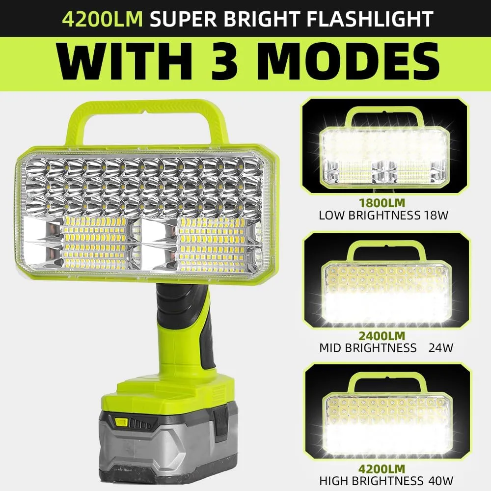 Work Light for RYOBI 18V Battery, 4200LM 40W Cordless LED Light Outdoor Jobsite Light Flashlight, 90 Degree Pivoting Head for Hiking Car Respir Camp Garage Emergrncy Lighting (Batteries Not Included)