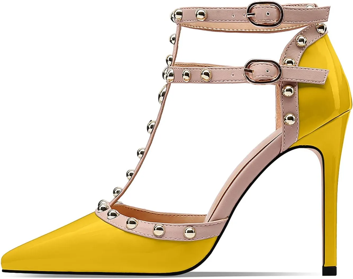 XINIUNIU Stiletto High Heels for Women Studded Heels with Studs Pumps 4 Inch Heeled Sandals Sexy Pointed Toe Ankle-strap Patent Leather Dress Wedding Shoes
