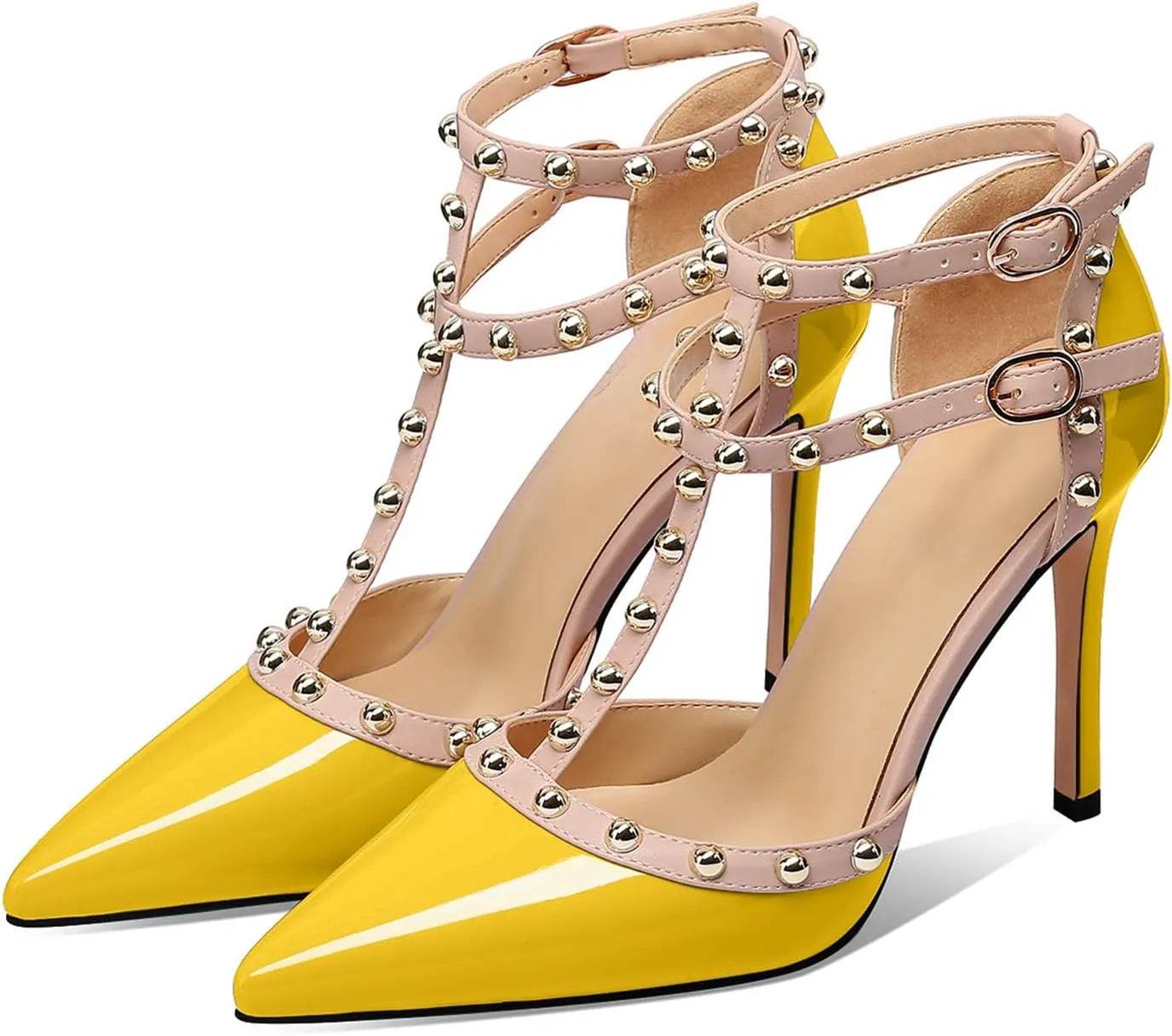 XINIUNIU Stiletto High Heels for Women Studded Heels with Studs Pumps 4 Inch Heeled Sandals Sexy Pointed Toe Ankle-strap Patent Leather Dress Wedding Shoes