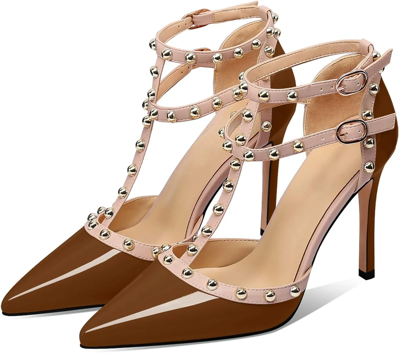 XINIUNIU Stiletto High Heels for Women Studded Heels with Studs Pumps 4 Inch Heeled Sandals Sexy Pointed Toe Ankle-strap Patent Leather Dress Wedding Shoes