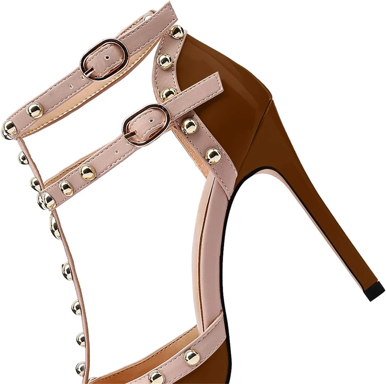 XINIUNIU Stiletto High Heels for Women Studded Heels with Studs Pumps 4 Inch Heeled Sandals Sexy Pointed Toe Ankle-strap Patent Leather Dress Wedding Shoes